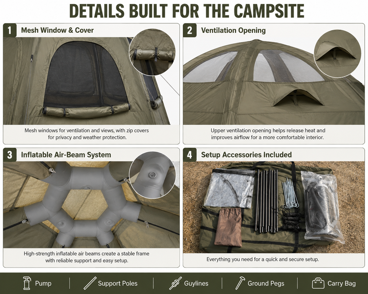 Weisshorn 4 Person Inflatable Camping Tent TC Canvas Sun Shade Rain-Ready