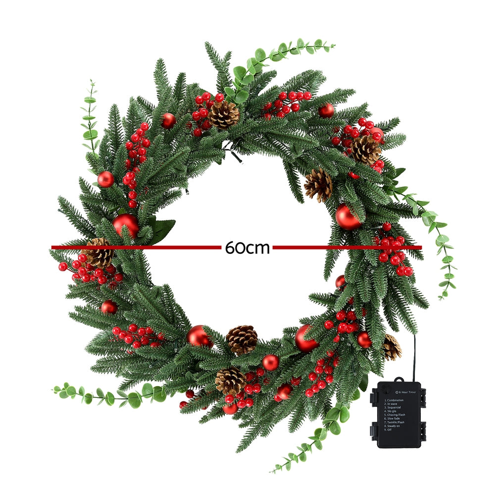 Jingle Jollys Christmas Wreath 60CM LED Garland Berries Pine Cones Party Decor