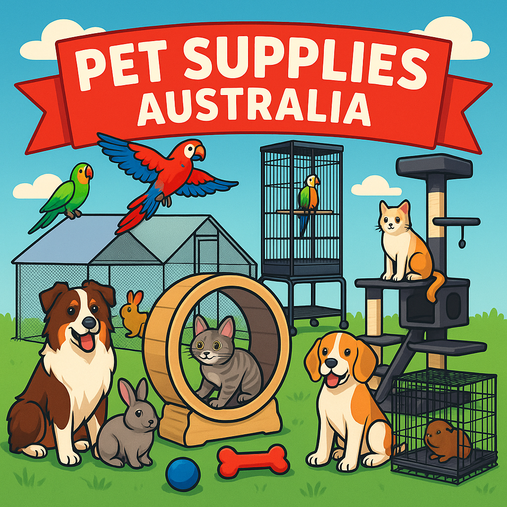 Illustration of various pet supplies with 'Pet Supplies Australia' banner at the top.