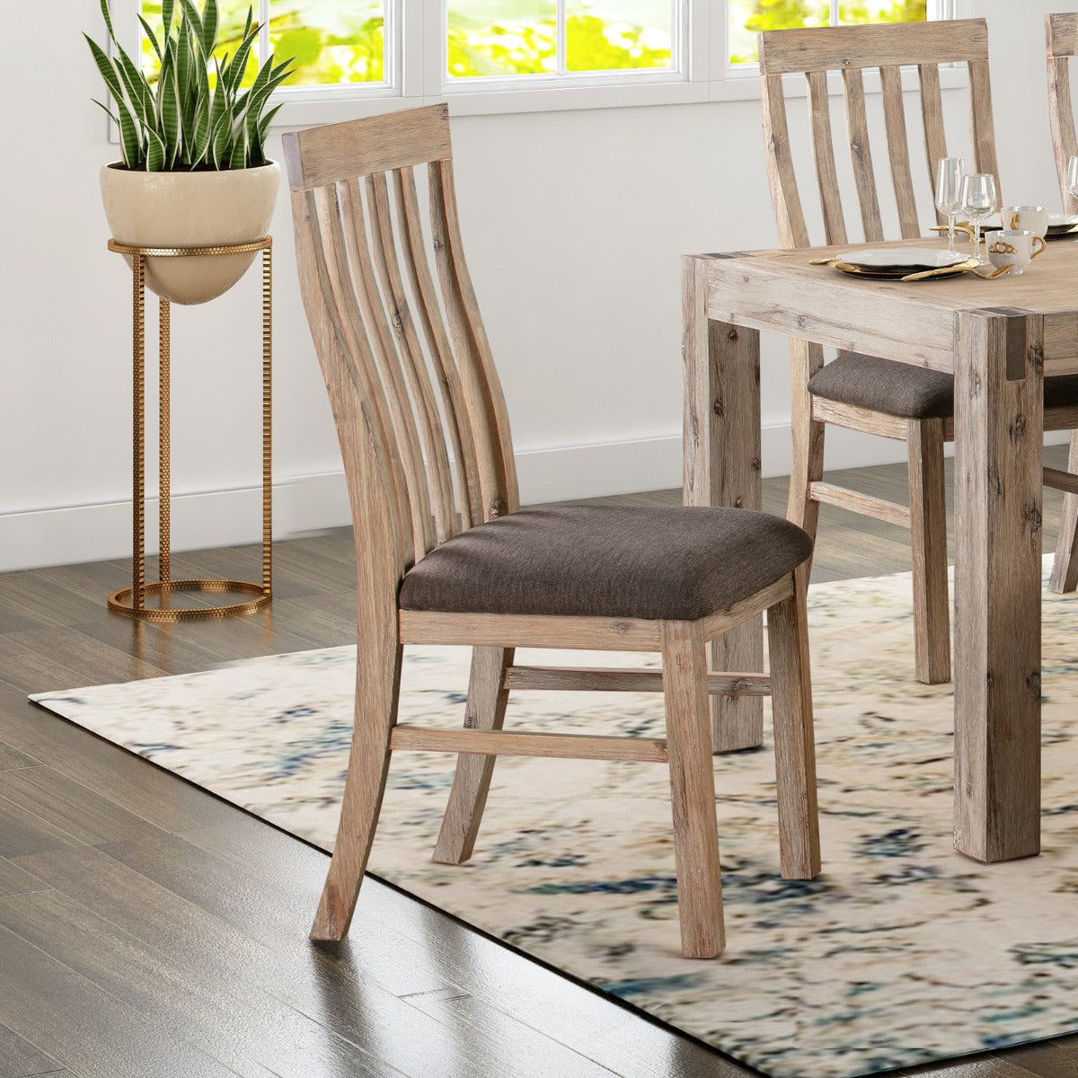 2x Wooden Frame Leatherette in Solid Acacia Wood & Veneer Dining Chairs in Oak Colour
