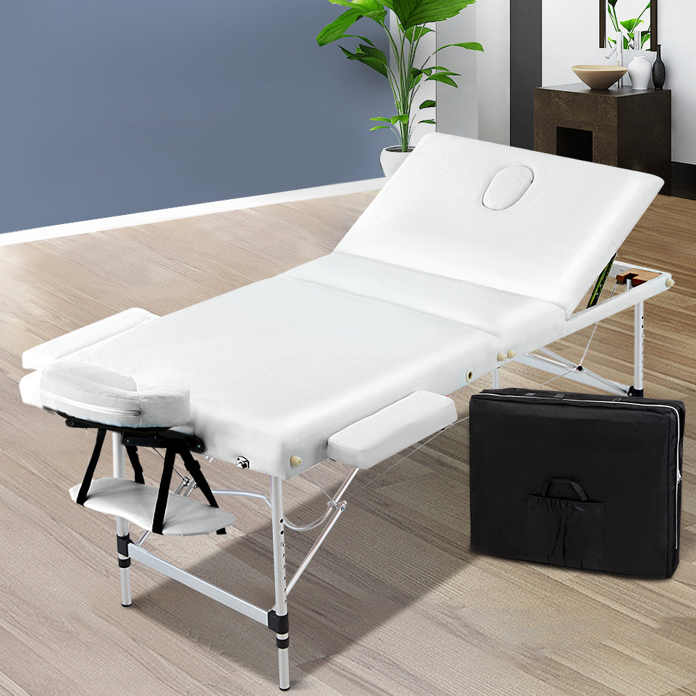 Zenses Massage Table 75cm 3 Fold Aluminium Beauty Bed Portable Therapy White