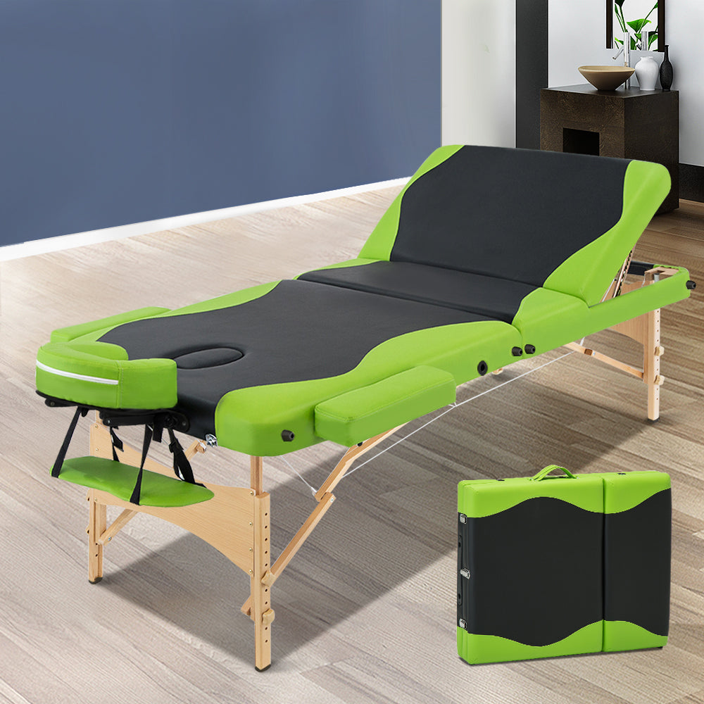 Zenses Massage Table 70cm 3 Fold Wooden Portable Beauty Therapy Bed Waxing Green