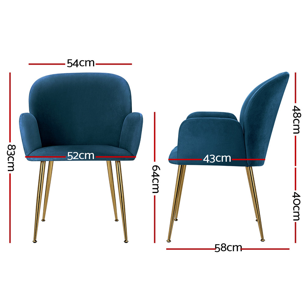 Artiss Set of 2 Kynsee Dining Chairs Armchair Cafe Chair Upholstered Velvet Blue