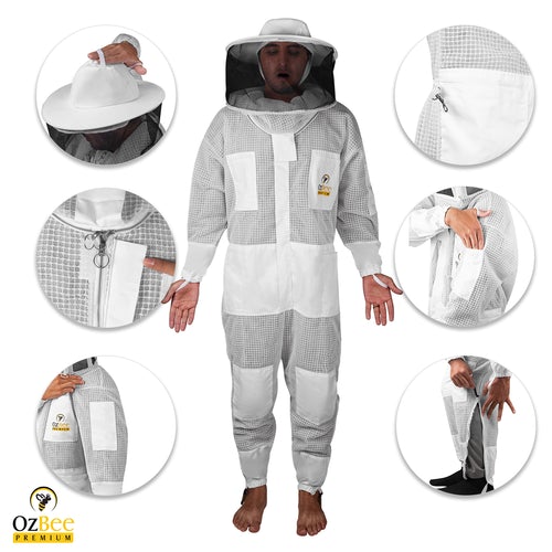 OZBee Premium Full Suit 3 Layer Mesh Ultra Cool Ventilated Round Head Beekeeping Protective Gear Size 2XL