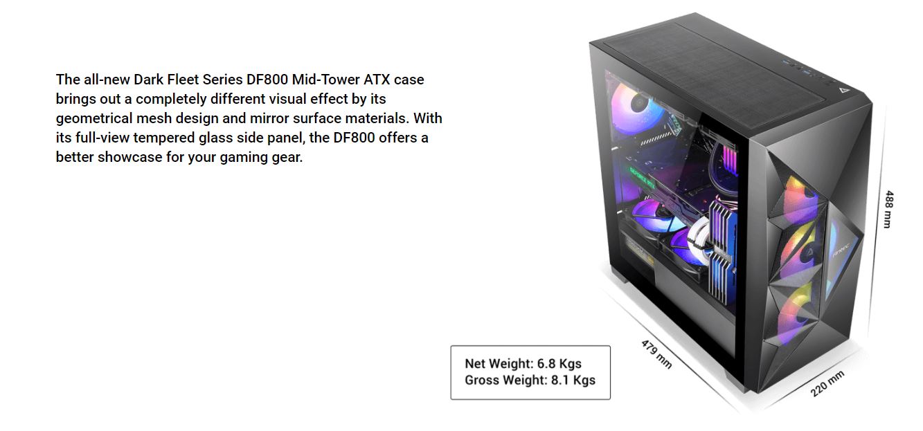 ANTEC DF800, ATX, Tempered Glass with Preinstalled 1x Rear 120mm Fan. Gaming Case
