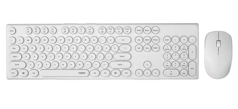 RAPOO Wireless Optical Mouse & Keyboard Black - 2.4G Connection, 10M Range, Spill-Resistant, Retro Style Round Key Cap, 1000DPI - White
