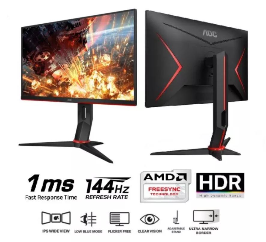 AOC 23.8\' 1ms IPS 144Hz Full HD, Free-Sync Premium, HDR Mode 2x HDMI 1.4, 1x DP 1.4, 1x VGA, Borderless, Height Adjustable Stand