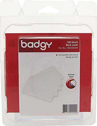BADGY 100 X THICK Plastic Polyvinyl Chloride (PVC) cards (076MM-30MIL) Printable, Media thickness: 118 " Includes 100 cards Color White
