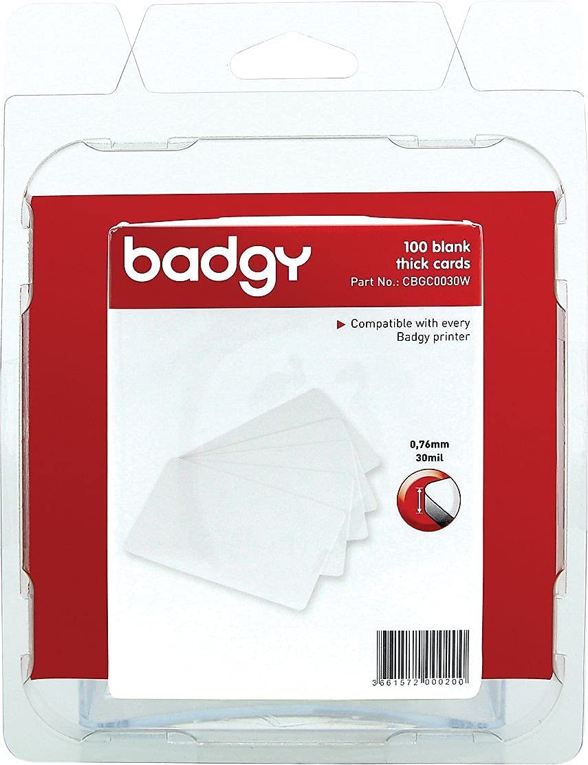 BADGY 100 X THICK Plastic Polyvinyl Chloride (PVC) cards (076MM-30MIL) Printable, Media thickness: 118 " Includes 100 cards Color White