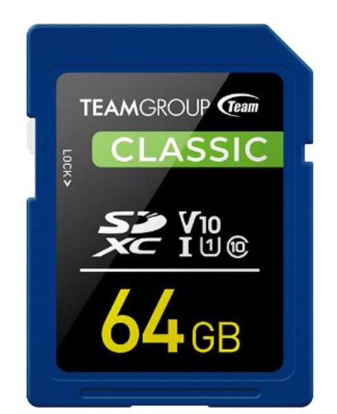 Team Classic SD Memory Card -64 GB. UHS (Ultra) Speed Class 1(U1). Supports Video Speed Class 10(V10).