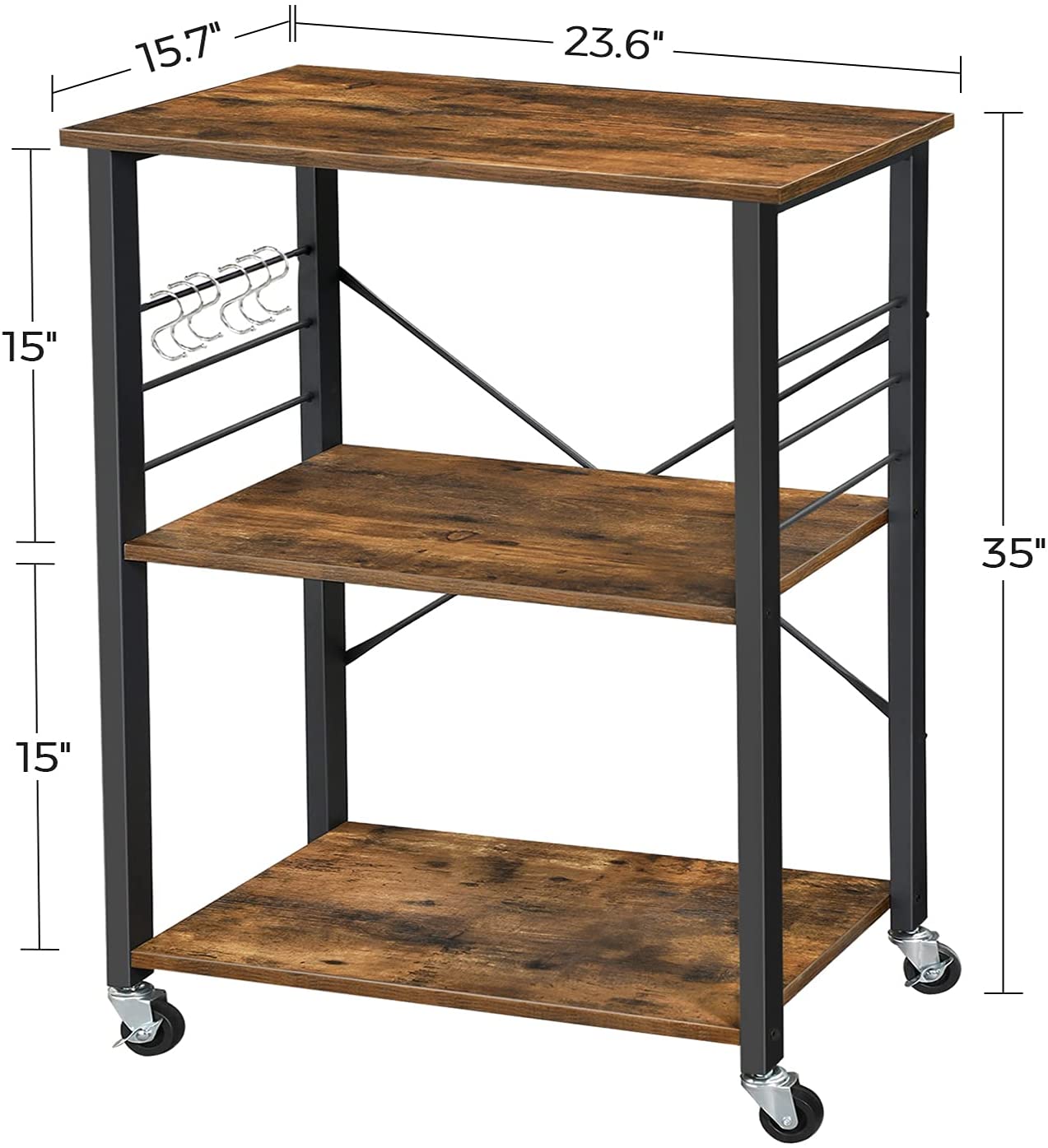 Kitchen Baker's Rack, 3-Tier Serving Cart with Metal Frame and 6 Hooks, Rustic Brown