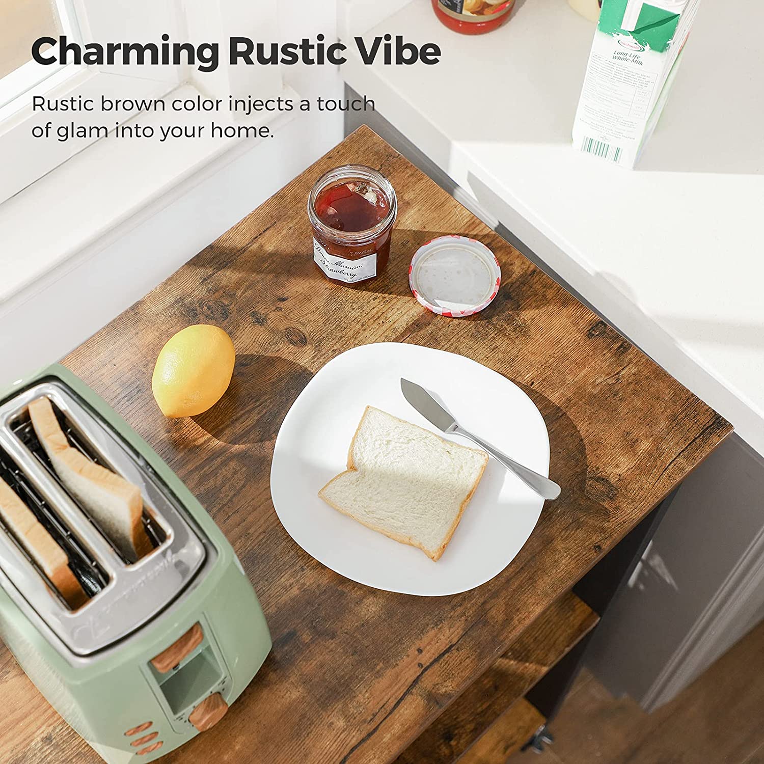 Kitchen Baker's Rack, 3-Tier Serving Cart with Metal Frame and 6 Hooks, Rustic Brown