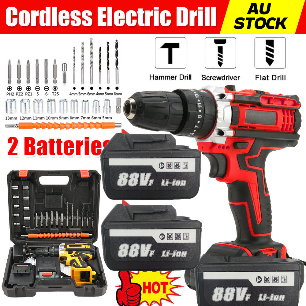 Cordless Drill w/2 Battery Heavy Duty Impact Driver Kit Brushless Hammer Set