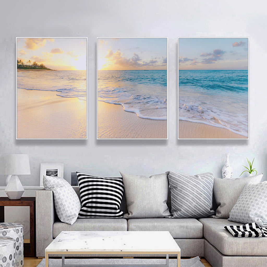Wall Art 80cmx120cm Ocean and beach 3 Sets White Frame Canvas