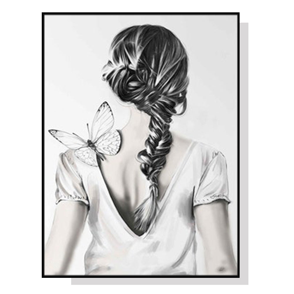 Wall Art 90cmx135cm Woman Back With Butterfly Black Frame Canvas