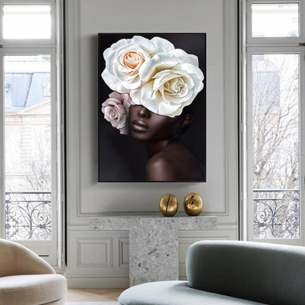 Wall Art 100cmx150cm Flower African Woman Black Frame Canvas