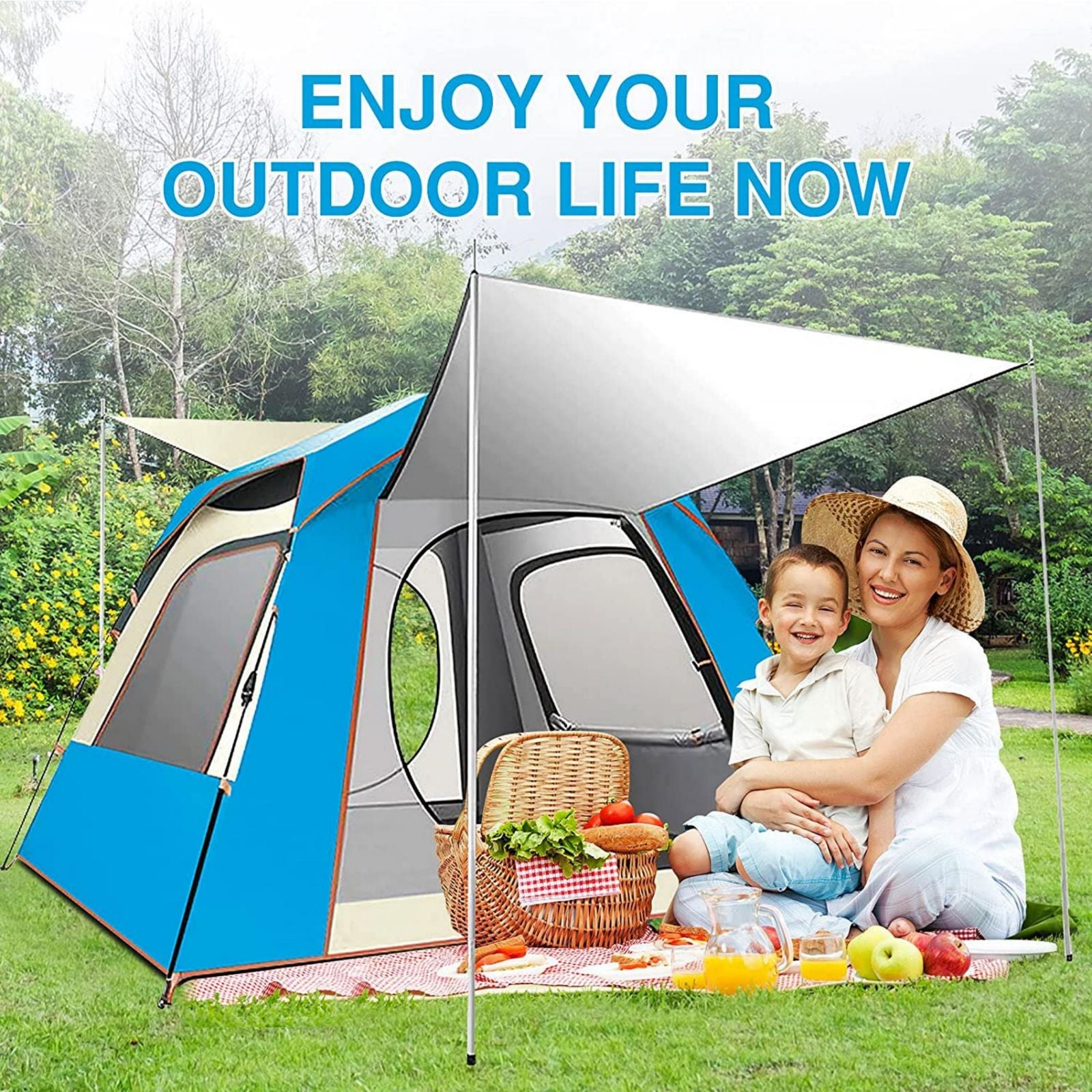 Instant Pop Up Tent For Hiking 2/3/4 Person Camping Tents, Waterproof Windproof Family Tent With Top Rainfly, Easy Set Up, Portable With Carry Bag, With UV Protection / BLUE