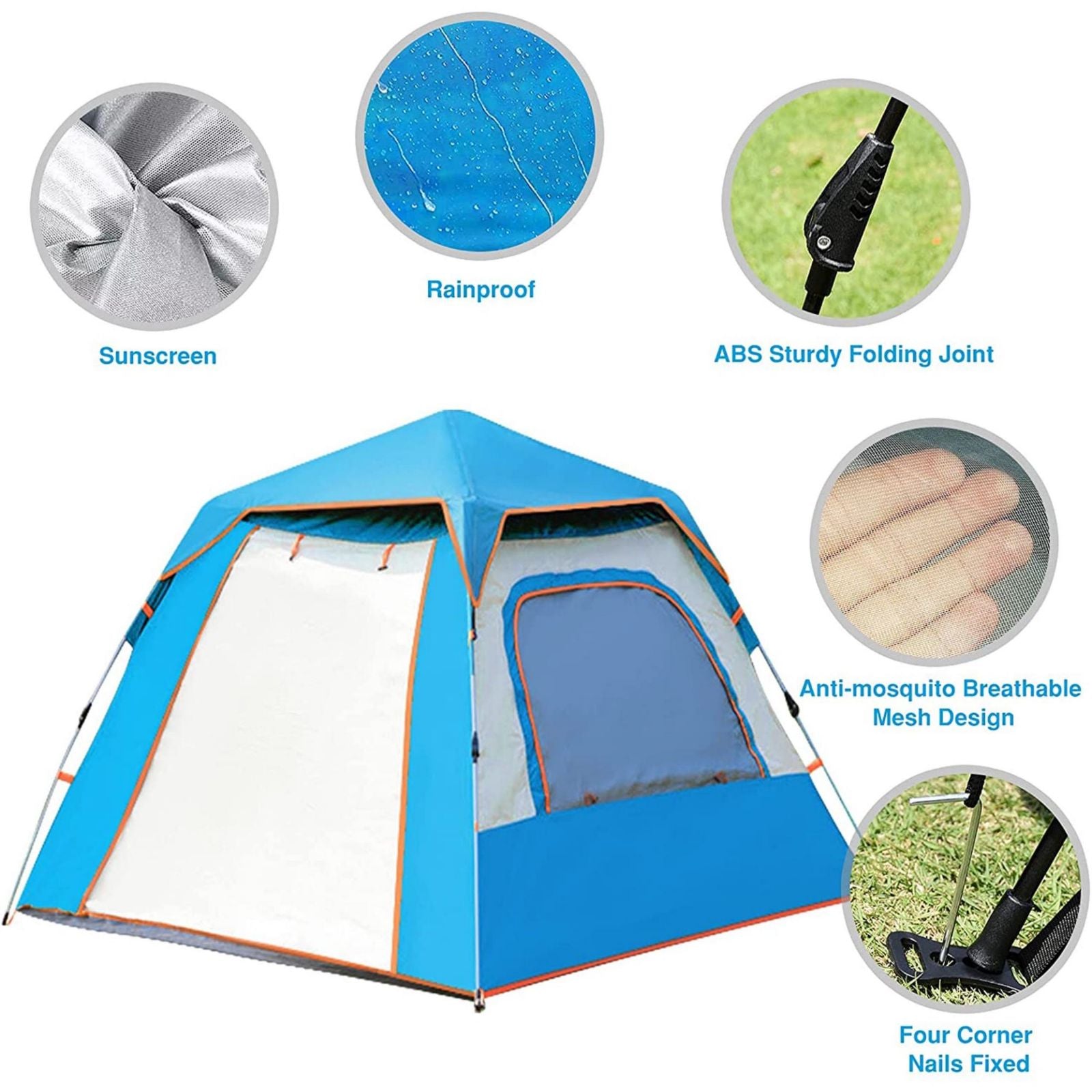 Instant Pop Up Tent For Hiking 2/3/4 Person Camping Tents, Waterproof Windproof Family Tent With Top Rainfly, Easy Set Up, Portable With Carry Bag, With UV Protection / BLUE