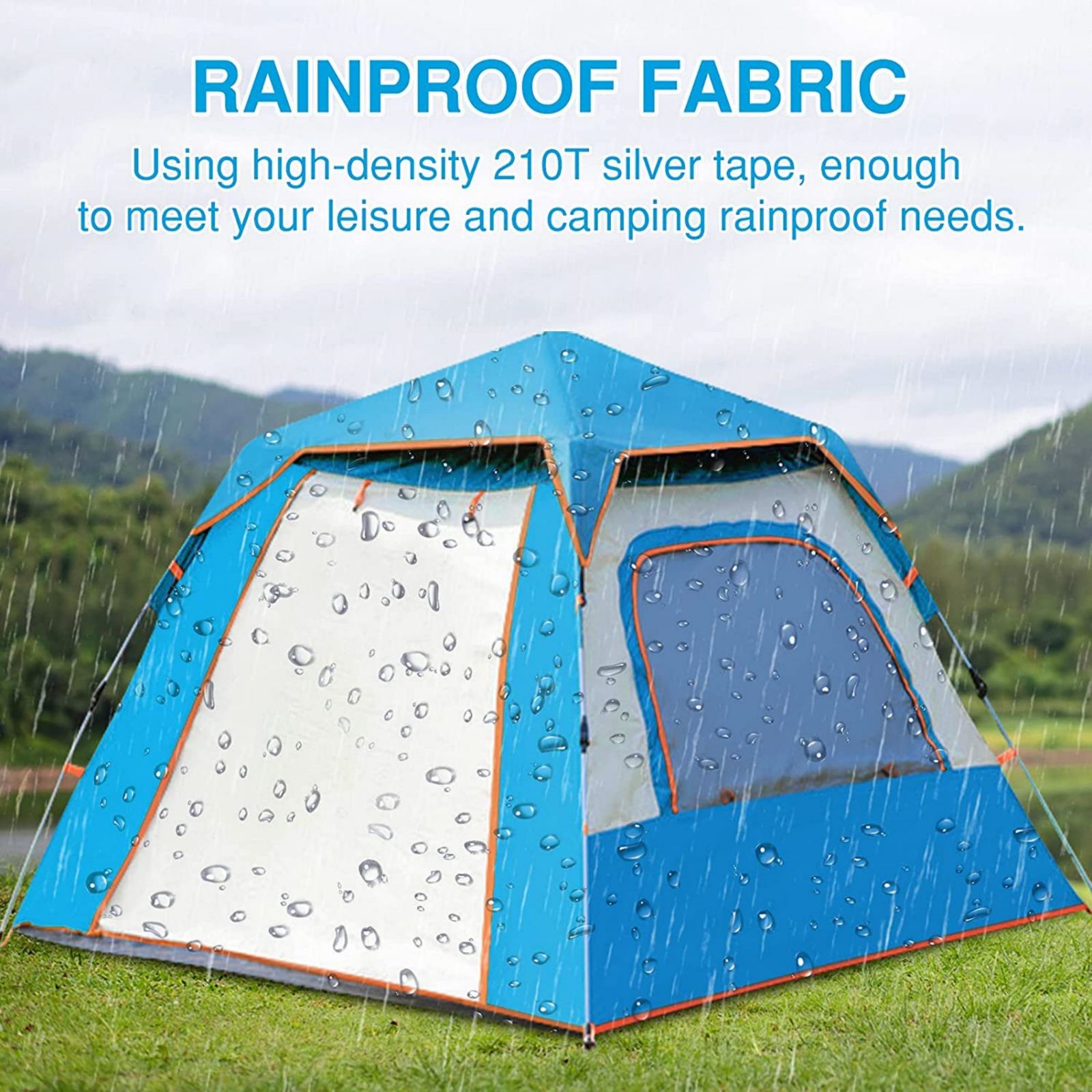 Instant Pop Up Tent For Hiking 2/3/4 Person Camping Tents, Waterproof Windproof Family Tent With Top Rainfly, Easy Set Up, Portable With Carry Bag, With UV Protection / BLUE