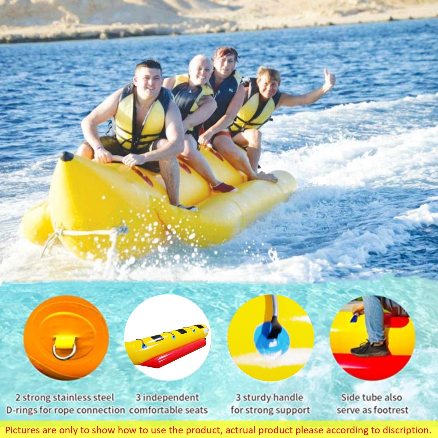 Inflatable Boat Tube 3-Person Towable Tube For Boating Banana Float