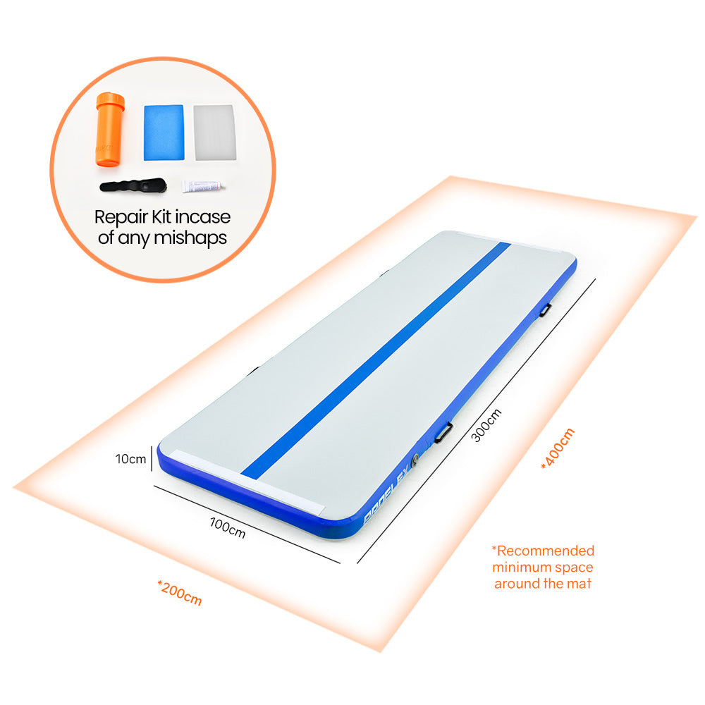 PROFLEX 300x100x10cm Inflatable Air Track Mat Tumbling Gymnastics, Blue & White (No Pump)