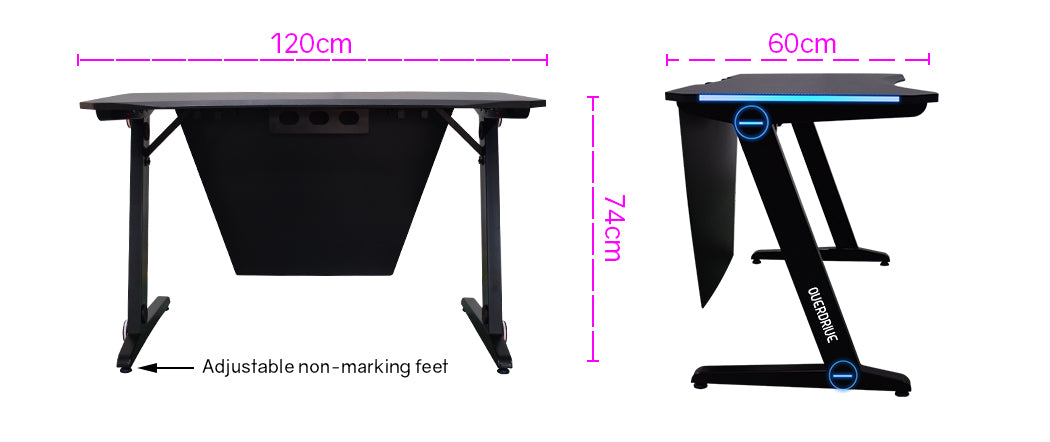 OVERDRIVE Gaming Desk 120cm Computer Black PC Blue LED Lights Carbon Fiber Look