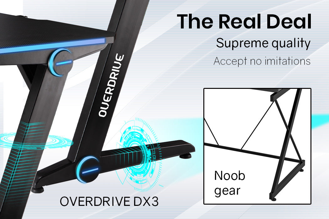 OVERDRIVE Gaming Desk 120cm Computer Black PC Blue LED Lights Carbon Fiber Look