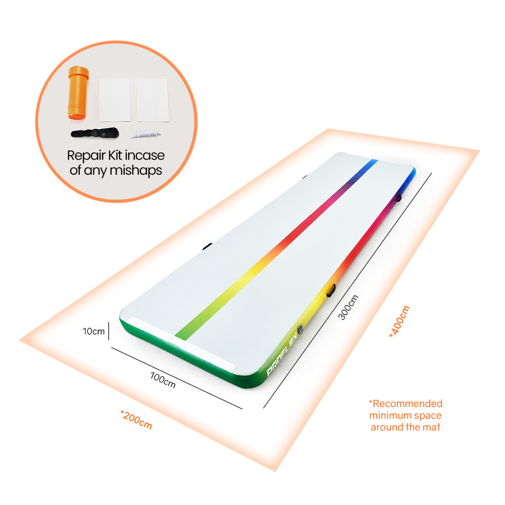 PROFLEX 300x100x10cm Inflatable Air Track Mat Tumbling Gymnastics, Multi-Coloured, with Electric Pump
