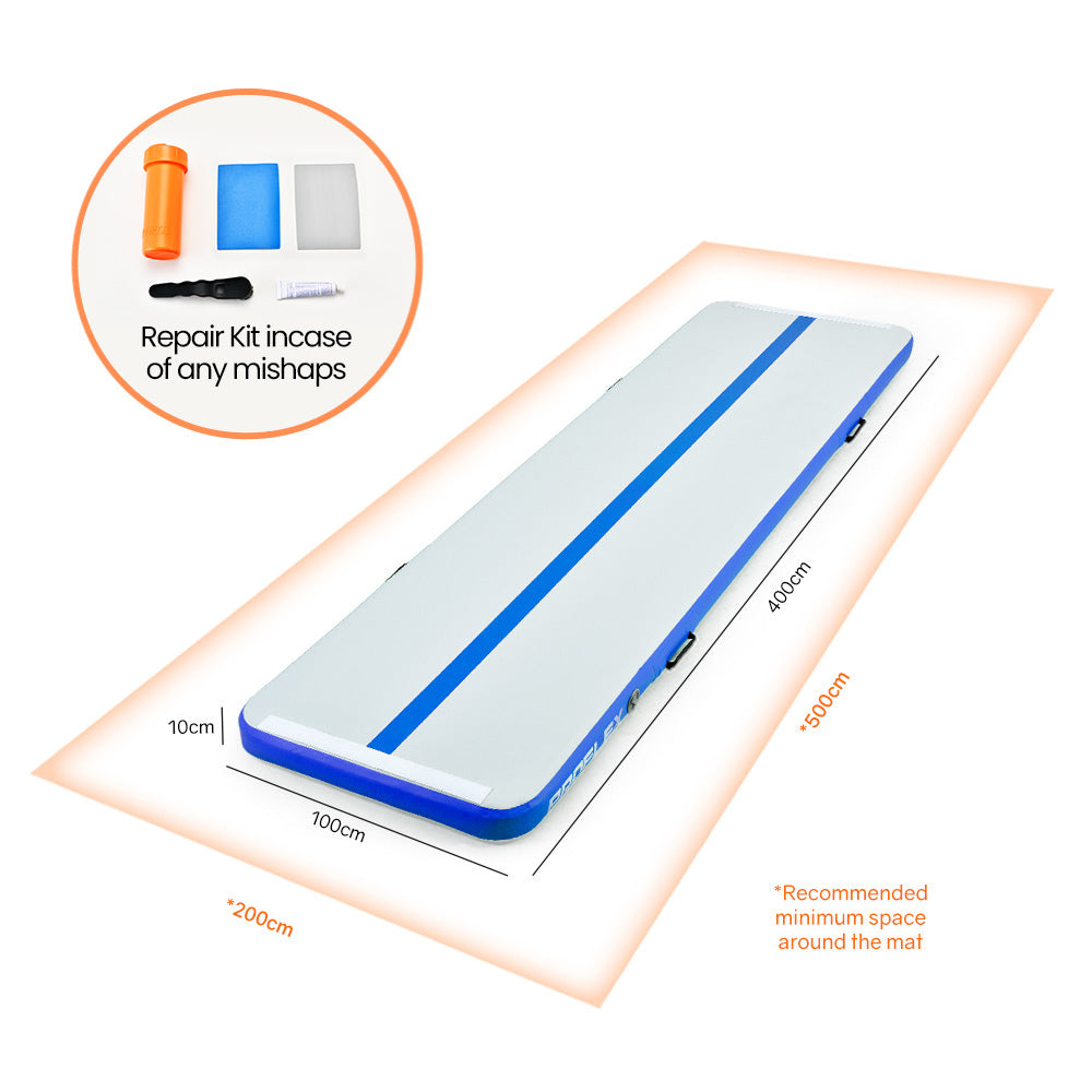 PROFLEX 400x100x10cm Inflatable Air Track Mat Tumbling Gymnastics, Blue & White, with Electric Pump