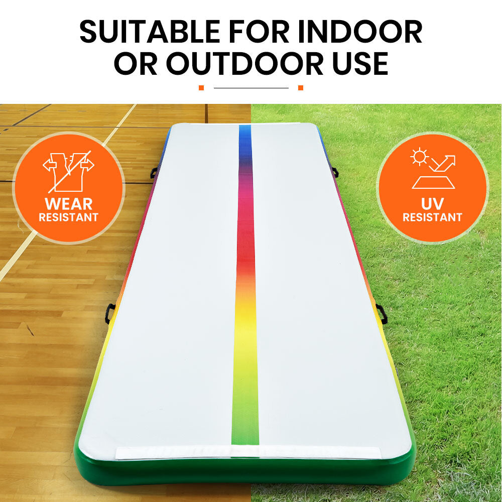 PROFLEX 400x100x10cm Inflatable Air Track Mat Tumbling Gymnastics, Multi-Coloured, with Electric Pump