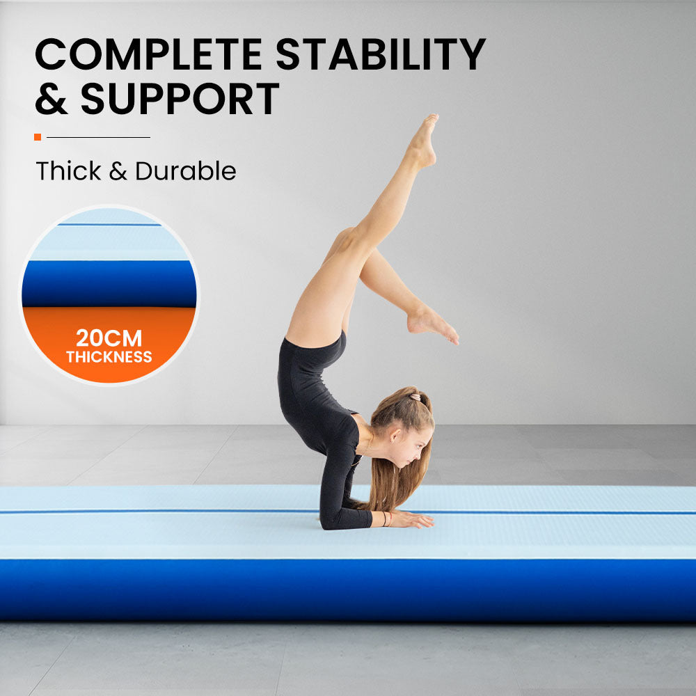 PROFLEX 800x100x10cm Inflatable Air Track Mat Tumbling Gymnastics, Blue & White, with Electric Pump