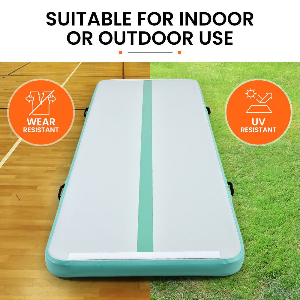 PROFLEX 800x100x20cm Inflatable Air Track Mat Tumbling Gymnastics, Mint & Grey, with Electric Pump