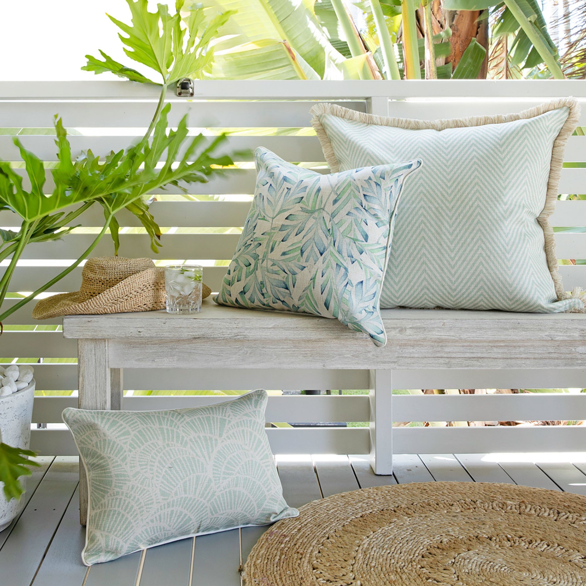 Cushion Cover-Coastal Fringe Natural-Zig Zag Pale Mint-60cm x 60cm