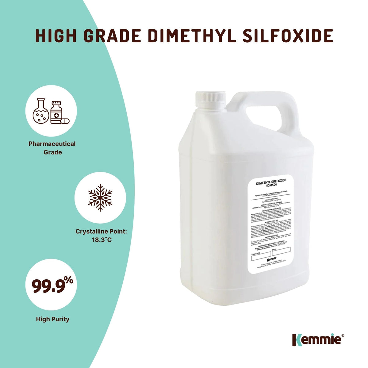 Kemmie 5L DMSO Liquid 99.9% Pure - High Purity Dimethyl Sulfoxide Solvent Bulk
