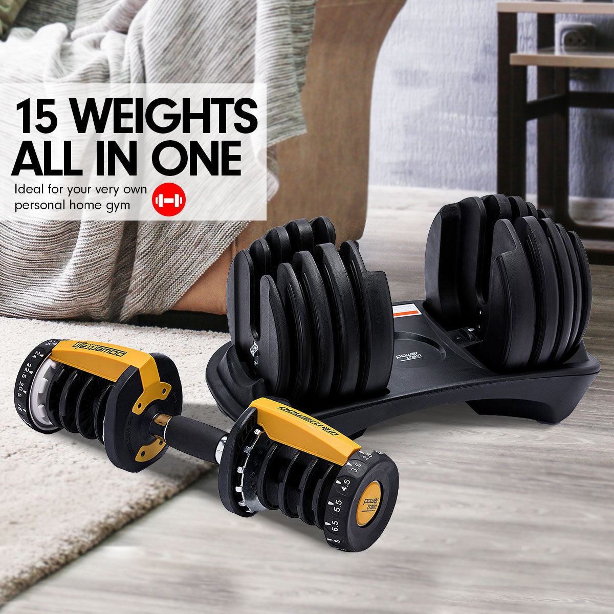 Powertrain 1x 24KG Adjustable Home Gym Dumbbell - Gold