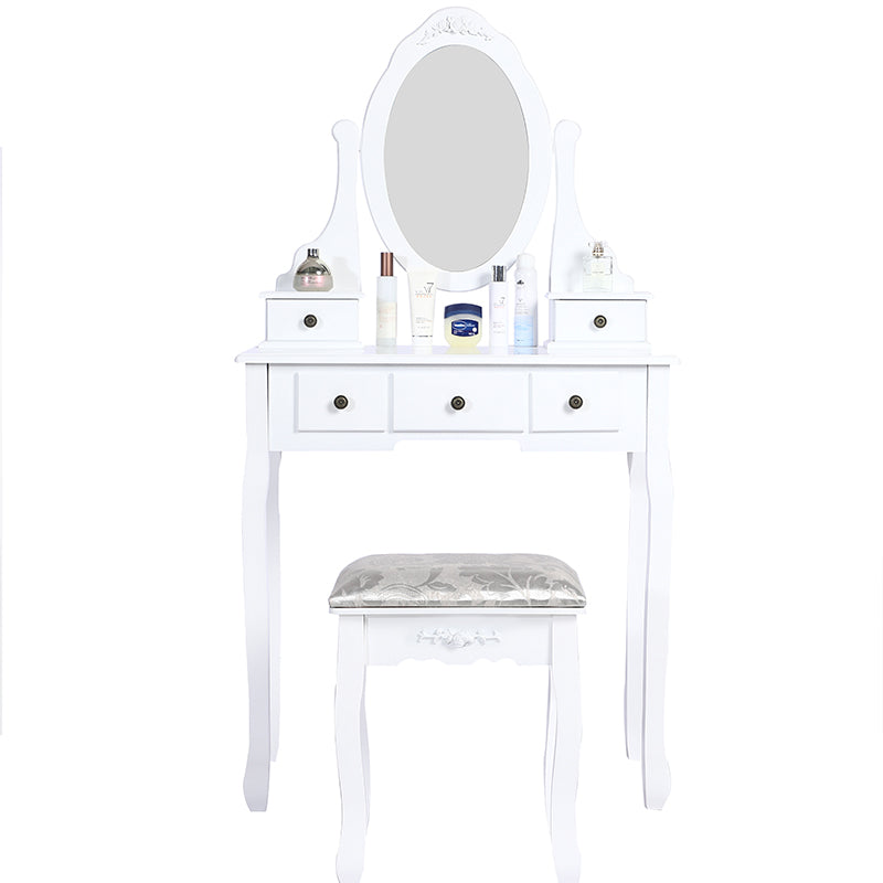Carved Dressing Vanity Table Set with Mirror&Stool- White
