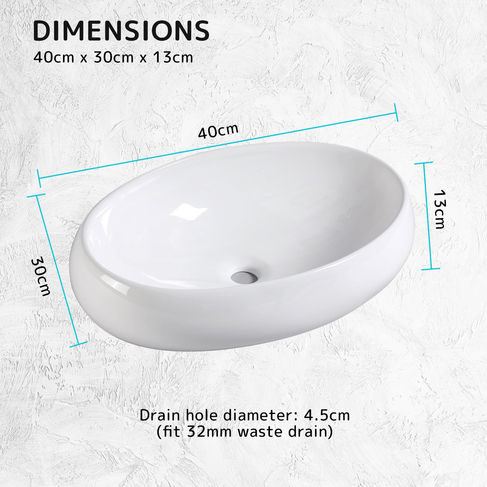Muriel 40 x 30 x 13cm White Ceramic Bathroom Basin Vanity Sink Oval Above Counter Top Mount Bowl