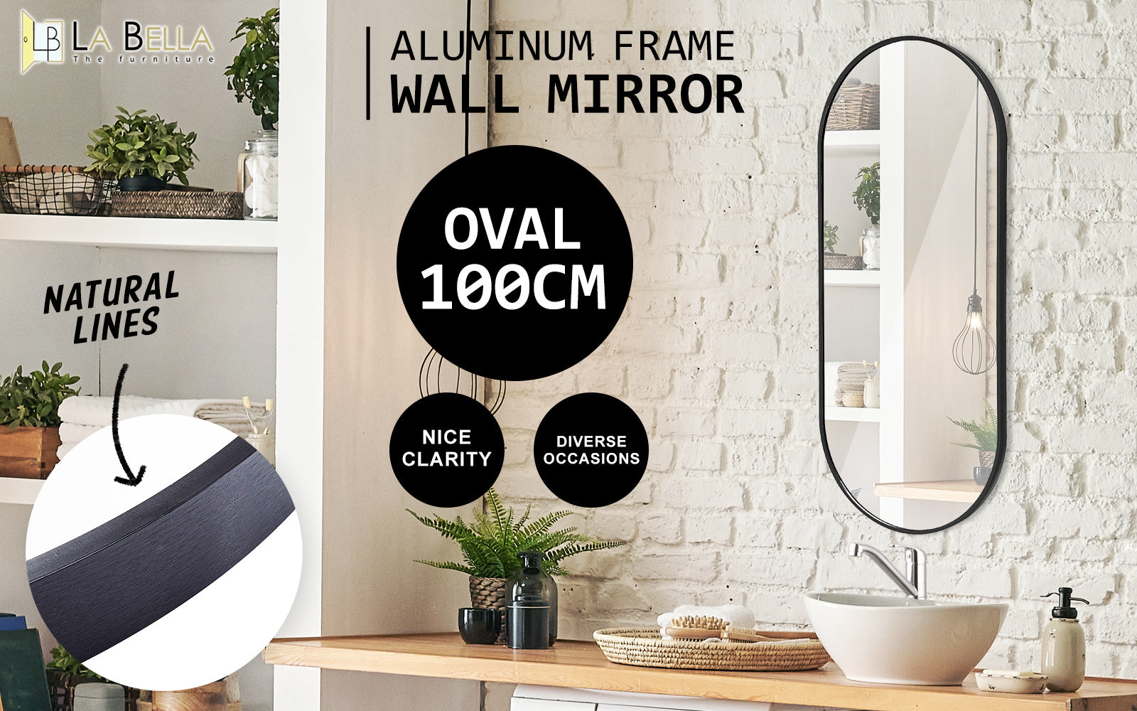 2 Set La Bella Black Wall Mirror Oval Aluminum Frame Makeup Decor Bathroom Vanity 45x100cm