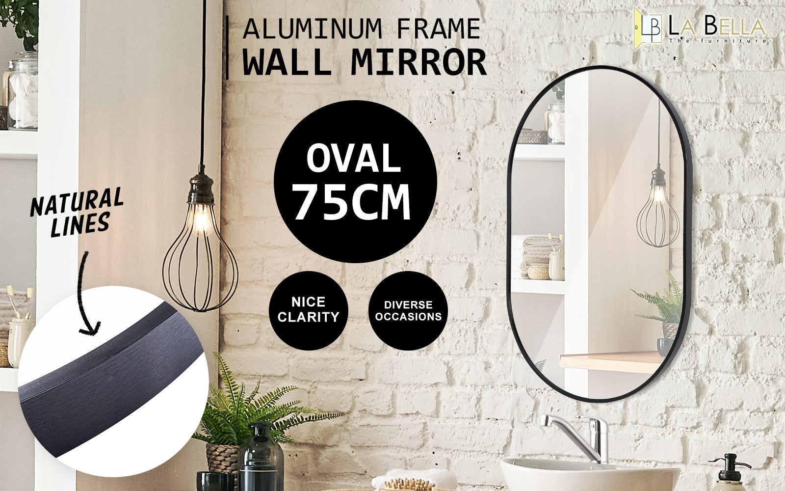 2 Set La Bella Black Wall Mirror Oval Aluminum Frame Makeup Decor Bathroom Vanity 50x75cm
