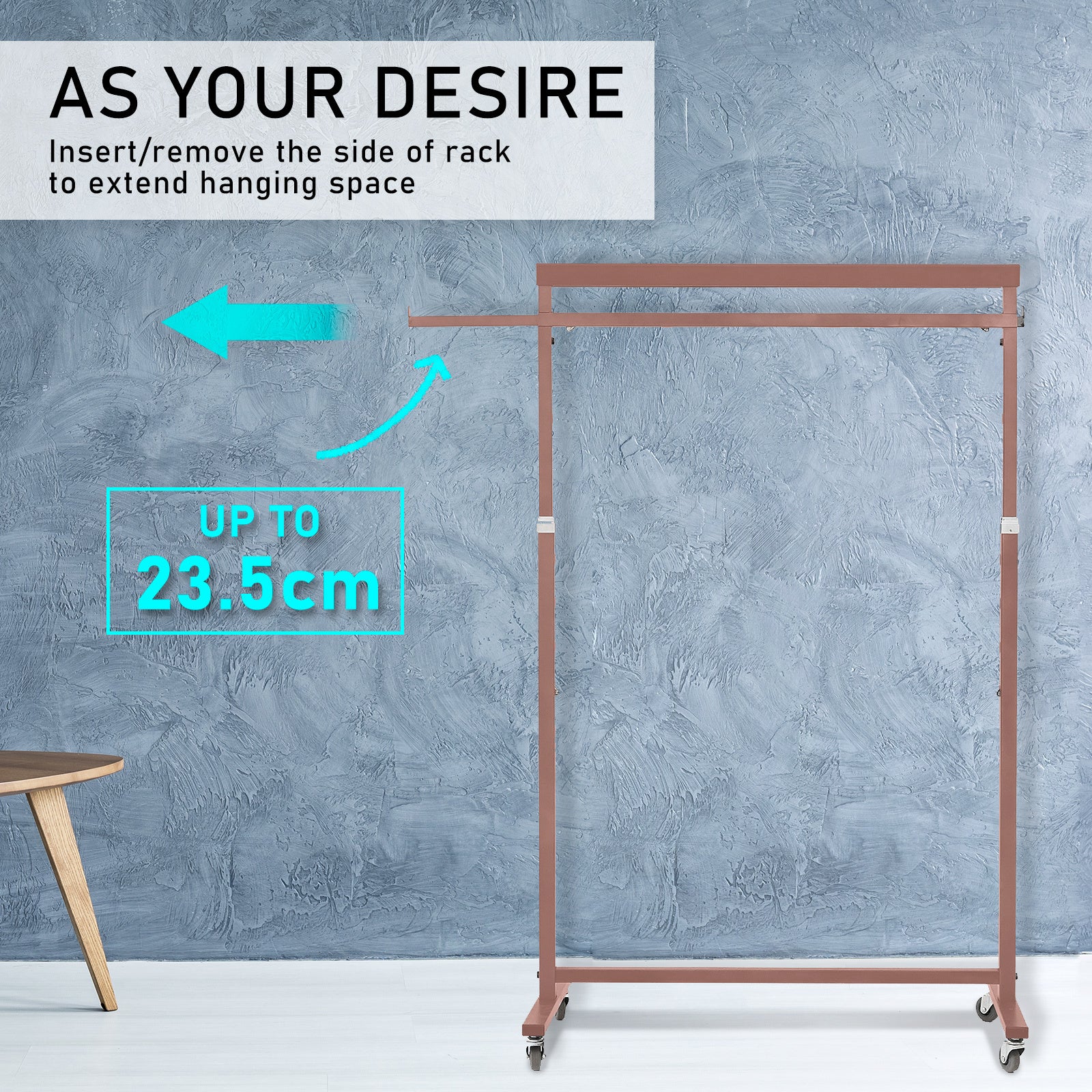 Meoktong Rose Gold Clothes Rack Coat Stand Hanging Adjustable Rollable Steel