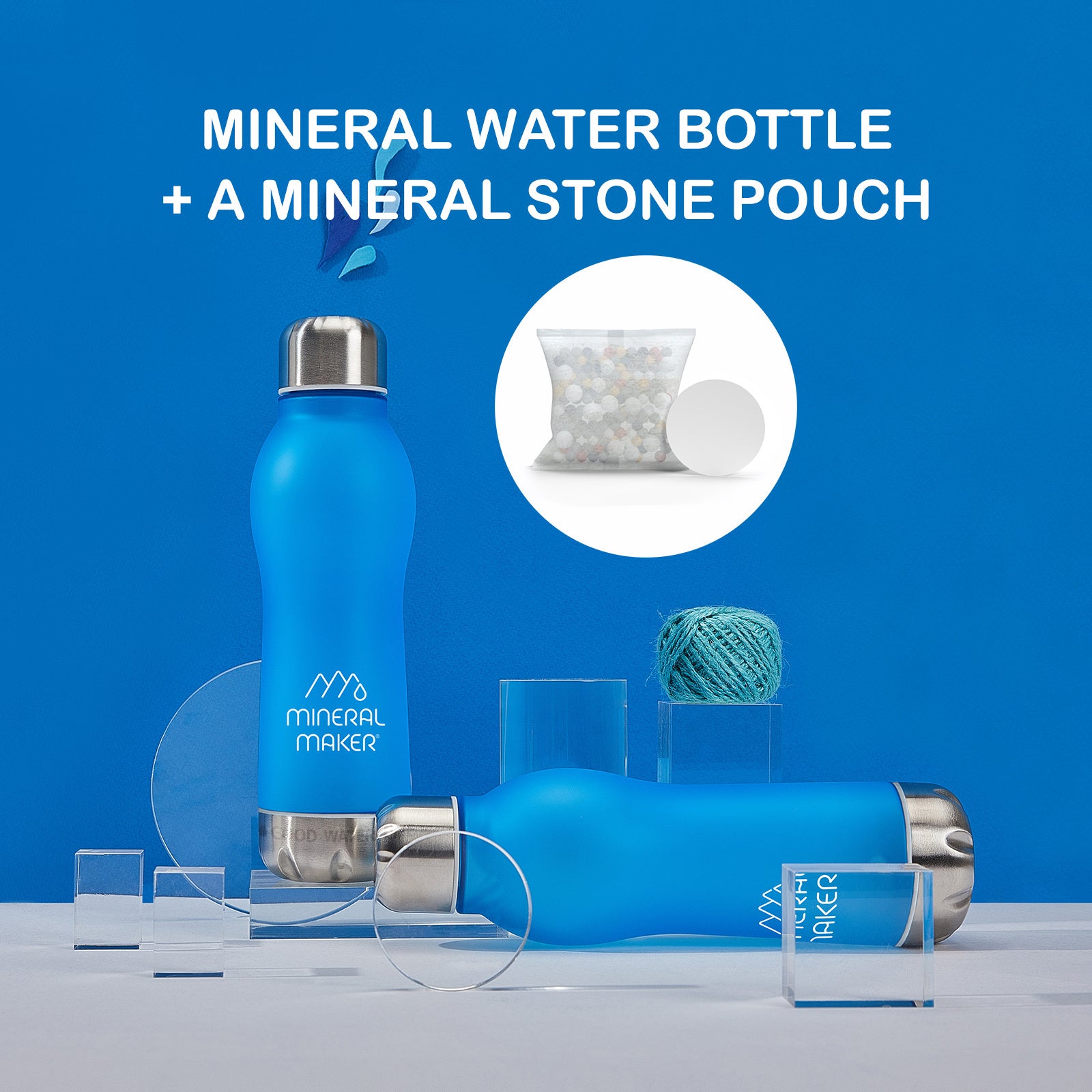 Mineral Maker MORBIDO Blue Alkaline Filter Water Bottle + a Mineral Stone Pouch