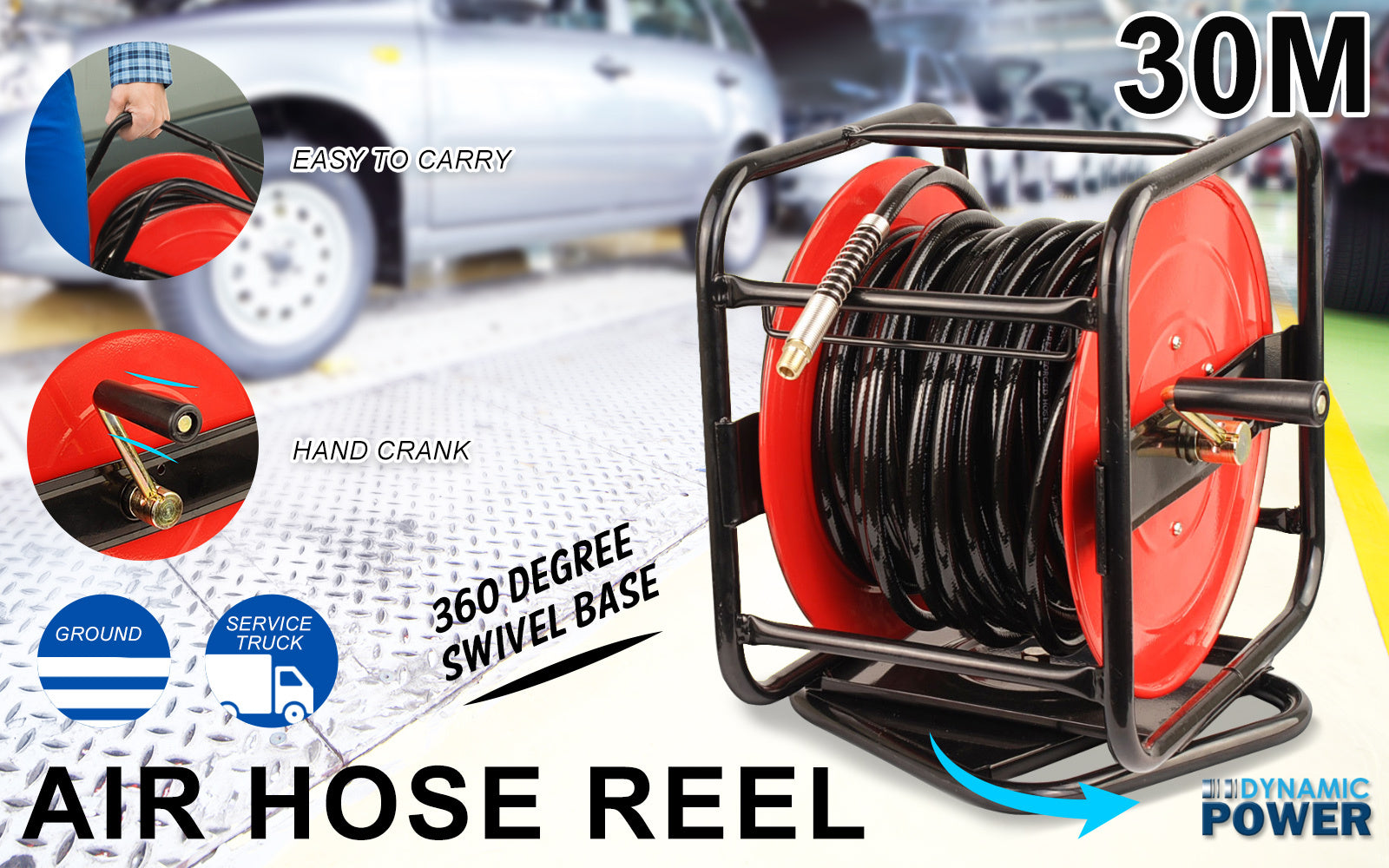 Dynamic Power Air Hose Reel Automotive Industrial 30m 360 Swivel