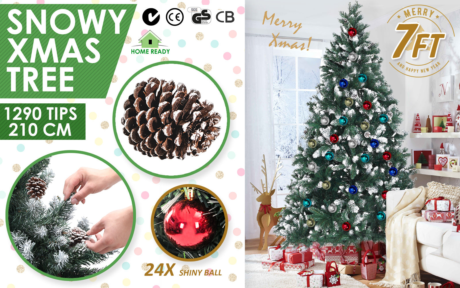 Home Ready 7Ft 210cm 1290 tips Green Snowy Christmas Tree Xmas Pine Cones + Bauble Balls