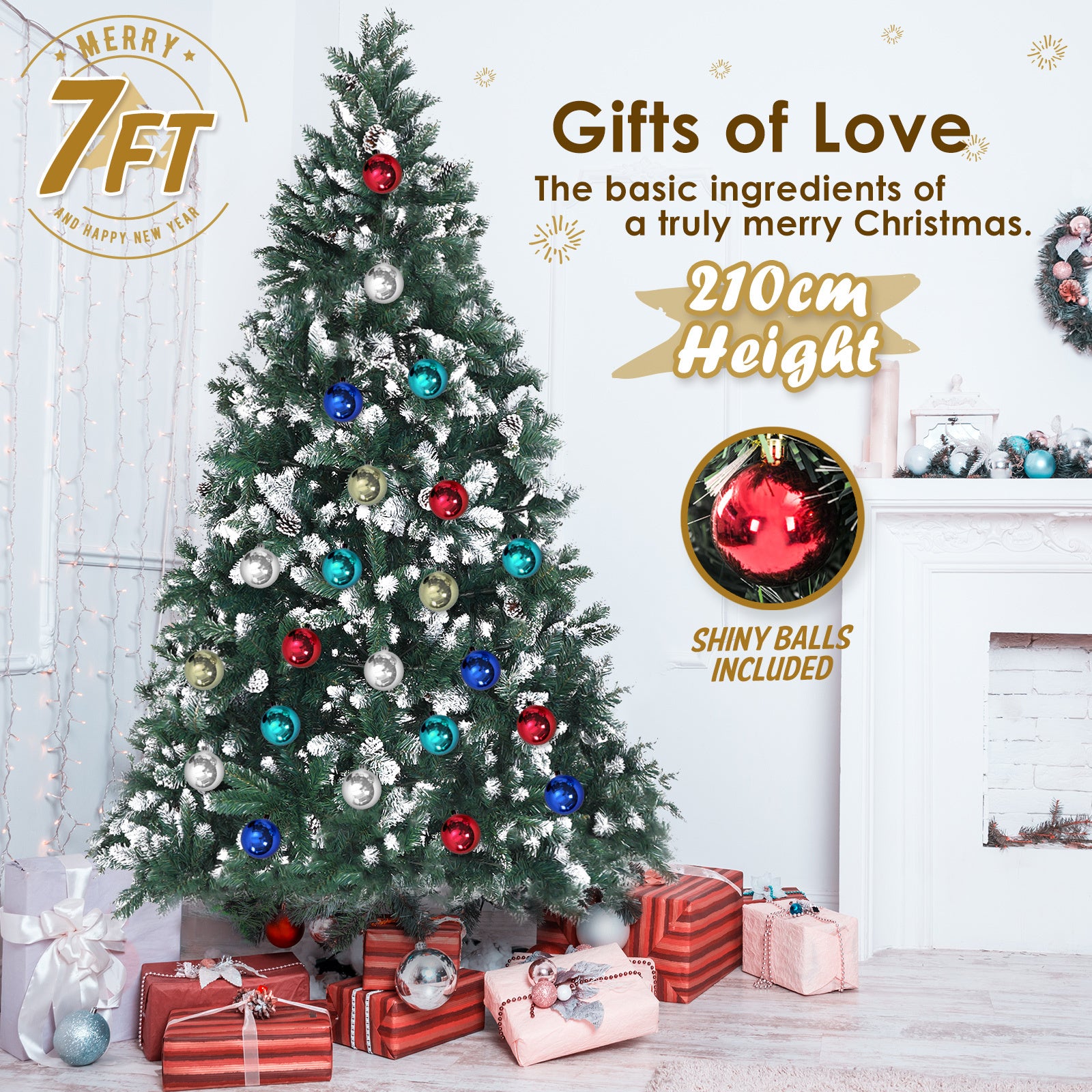 Home Ready 7Ft 210cm 1290 tips Green Snowy Christmas Tree Xmas Pine Cones + Bauble Balls