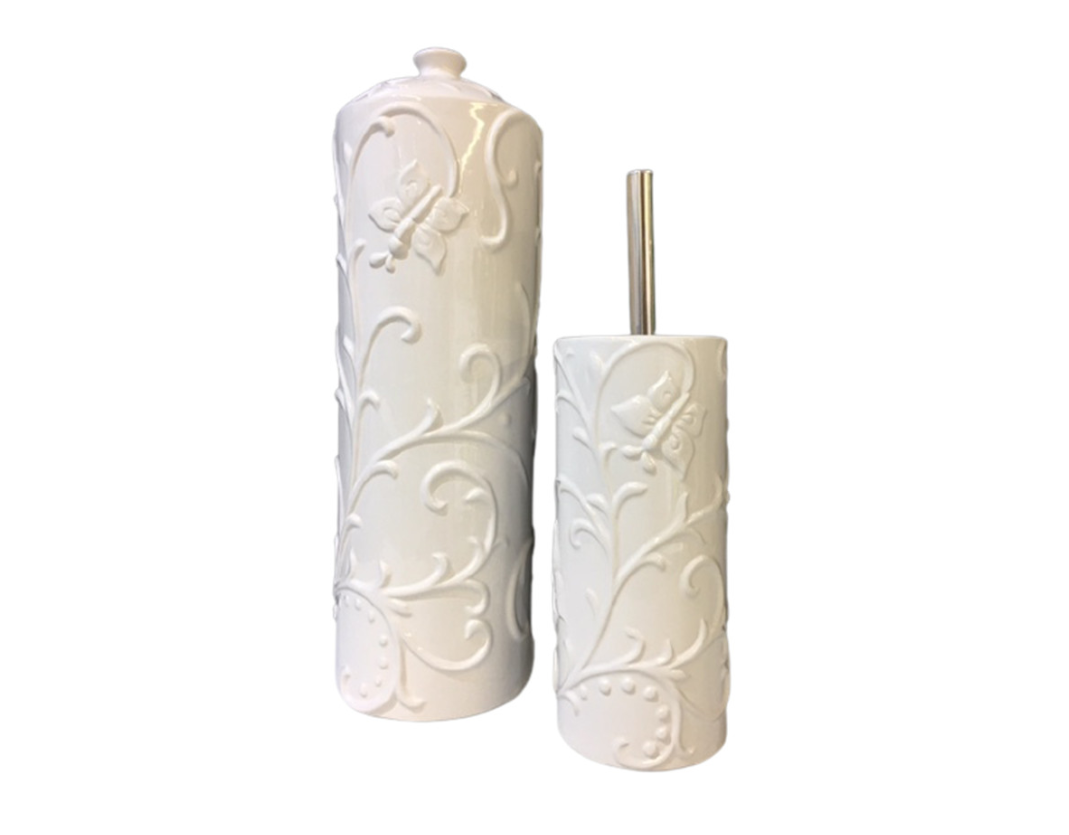 YES4HOMES Gloss White Ceramic Bathroom Accessories Set Toilet Brush Paper Roll Holder