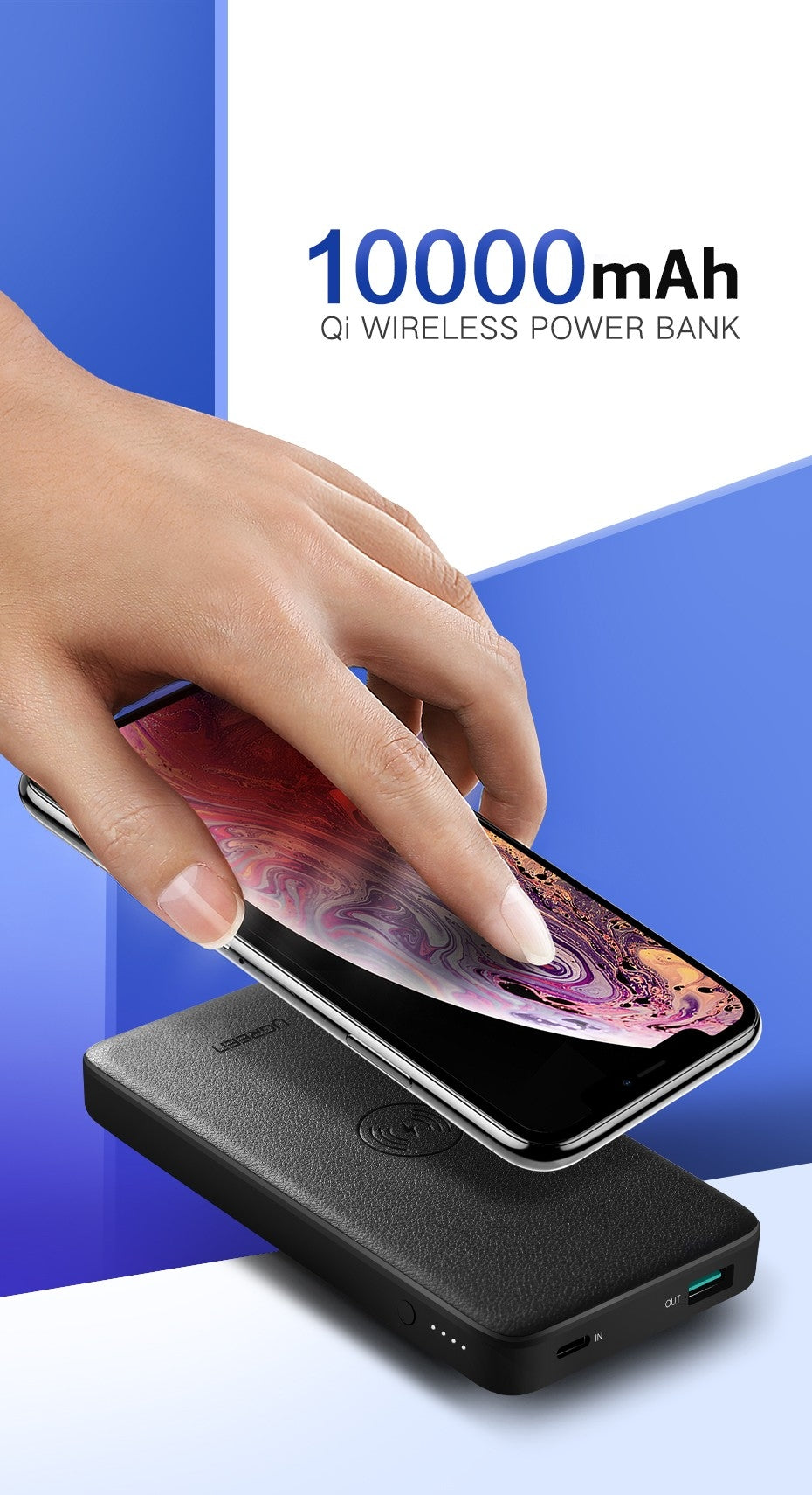 UGreen 10000mAh Power bank with 10W QI Wireless Charging Pad - Black 50578