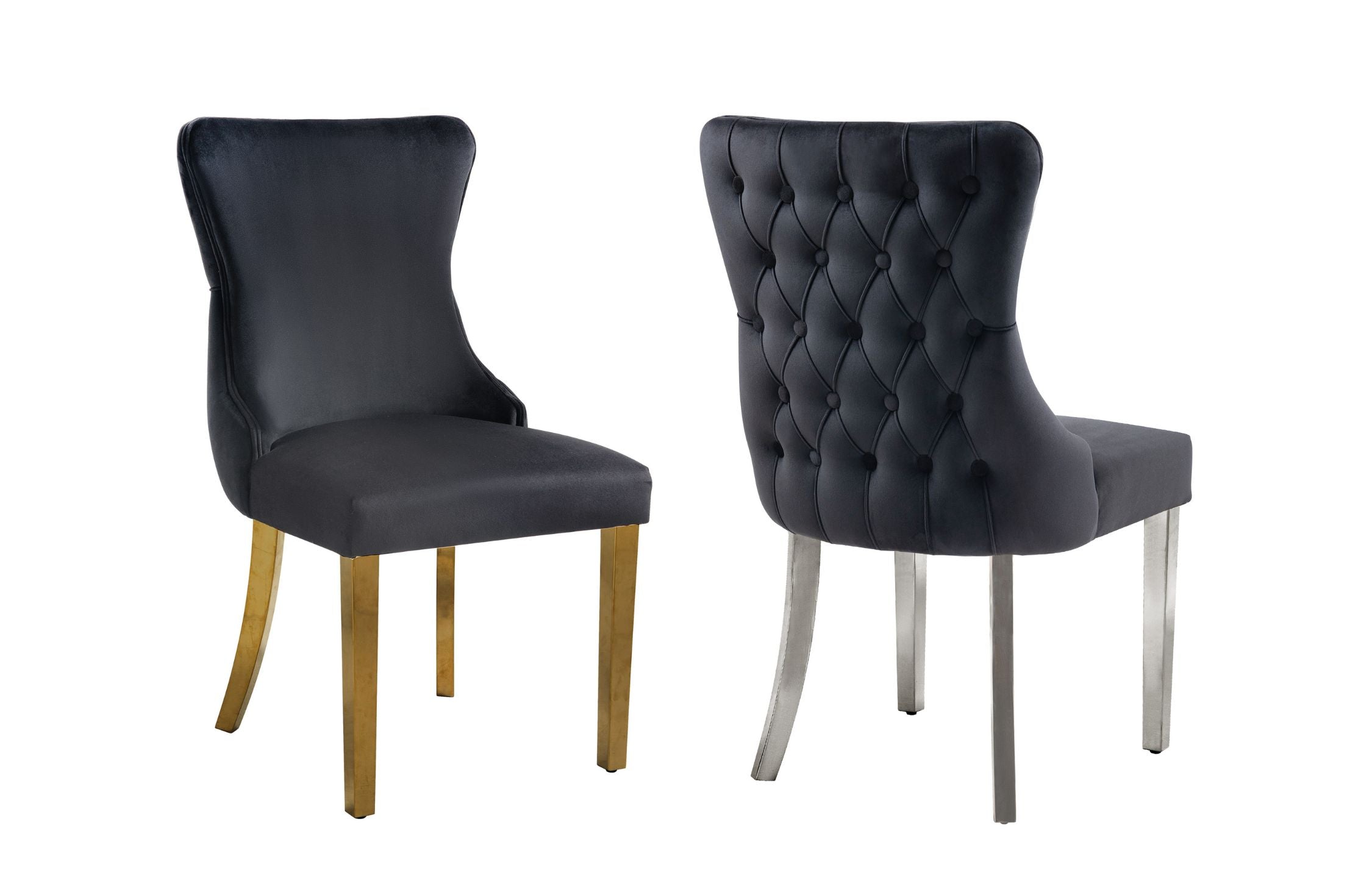 Paris Black Velvet & Gold Polished Steel Upholstered Dining Chairs Tufted Back - Set of 2