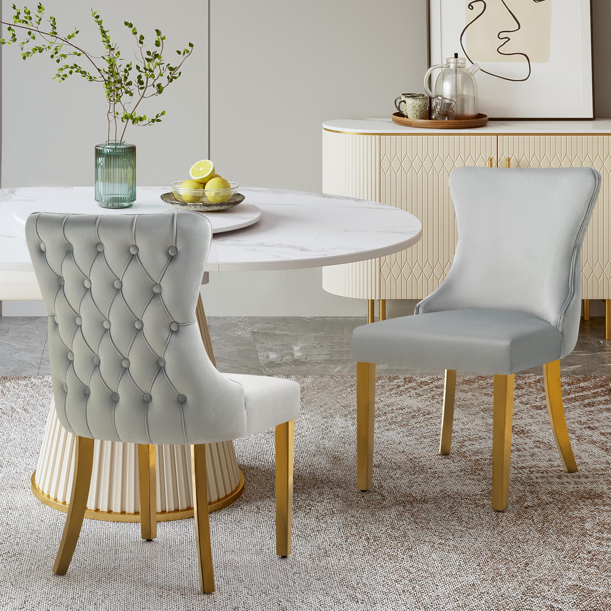 Paris Light Grey Velvet & Gold Polished Steel Upholstered Dining Chairs Tufted Back - Set of 2