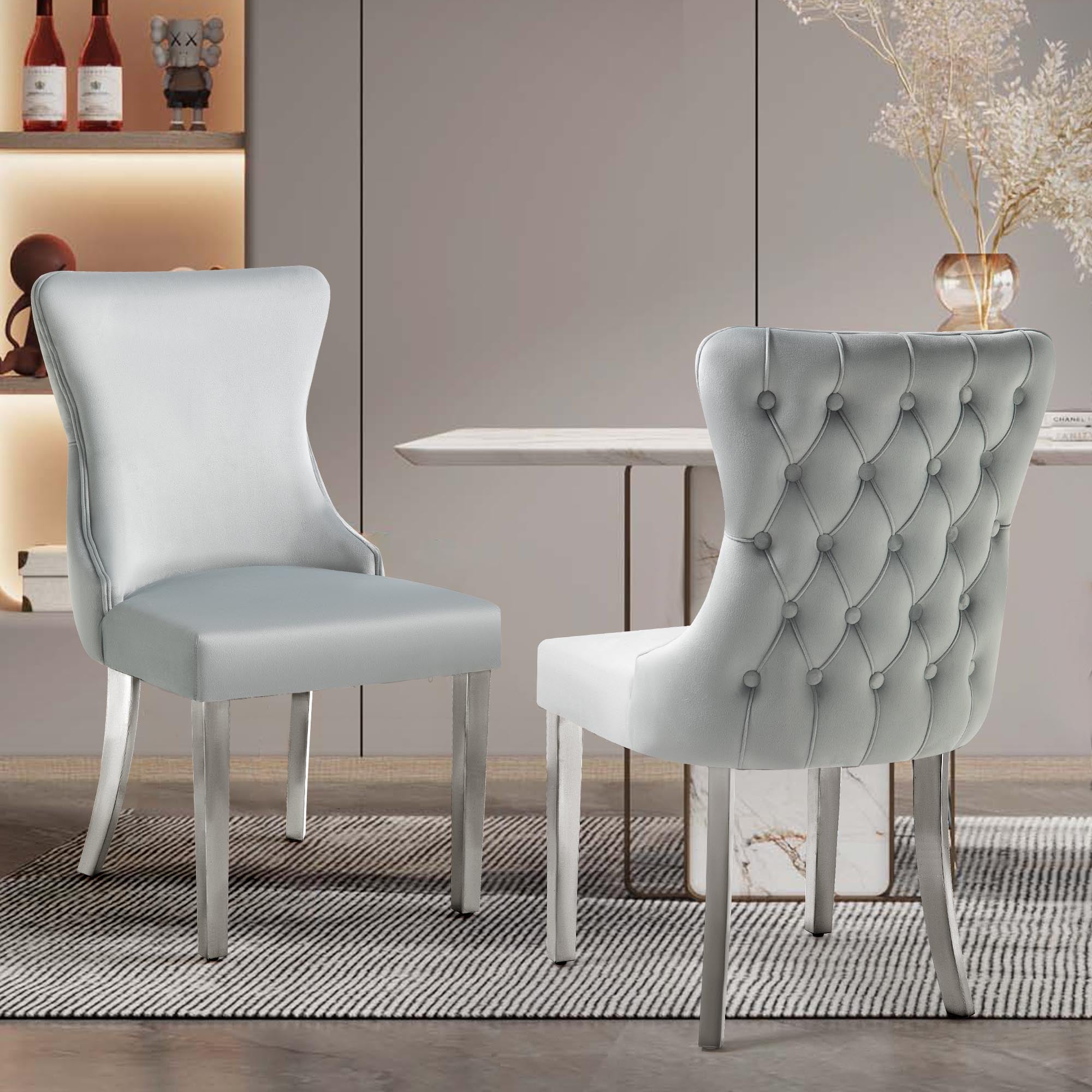 Paris Light Grey Velvet & Silver Polished Steel Upholstered Dining Chairs Tufted Back - Set of 2