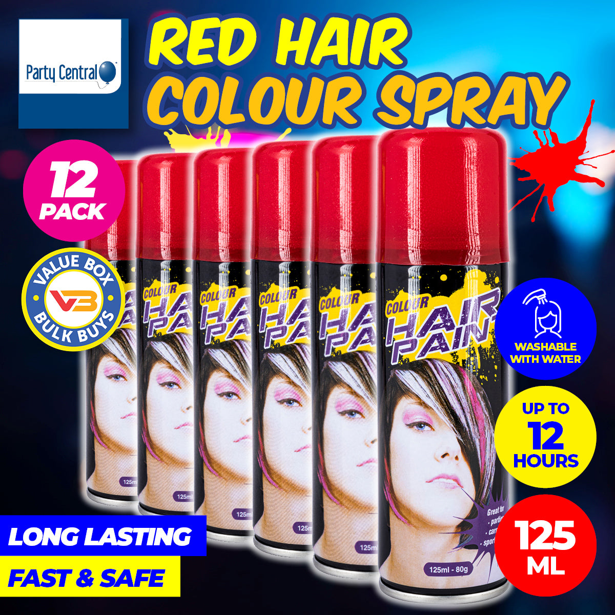 Party Central 12PCE Hair Spray Vibrant Red Long Lasting Non-Sticky 125ml